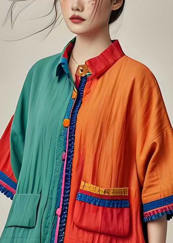 Colorblock Pockets Button Patchwork Cotton Tops Summer