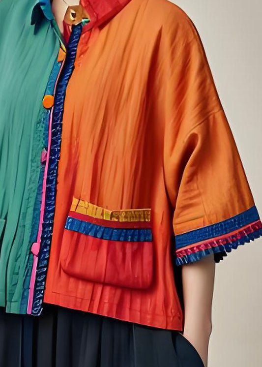 Colorblock Pockets Button Patchwork Cotton Tops Summer