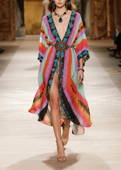 Colorblock Print Side Open Chiffon Party Dress Summer