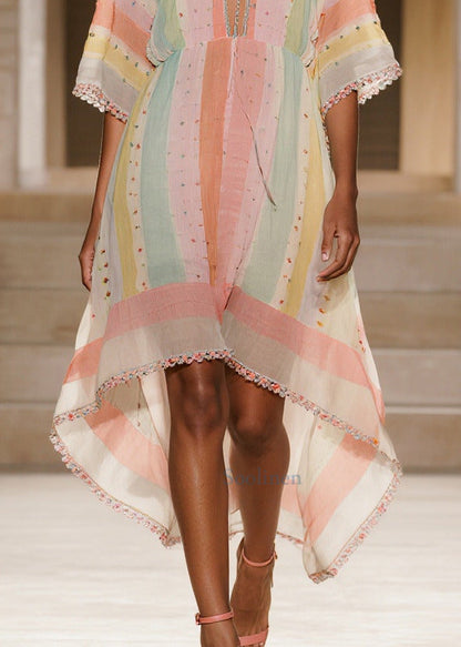 Colorblock Striped Low High Design Cotton Dress Summer