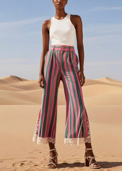 Colorblock Striped Patchwork Lace Bell-bottom Trousers Summer