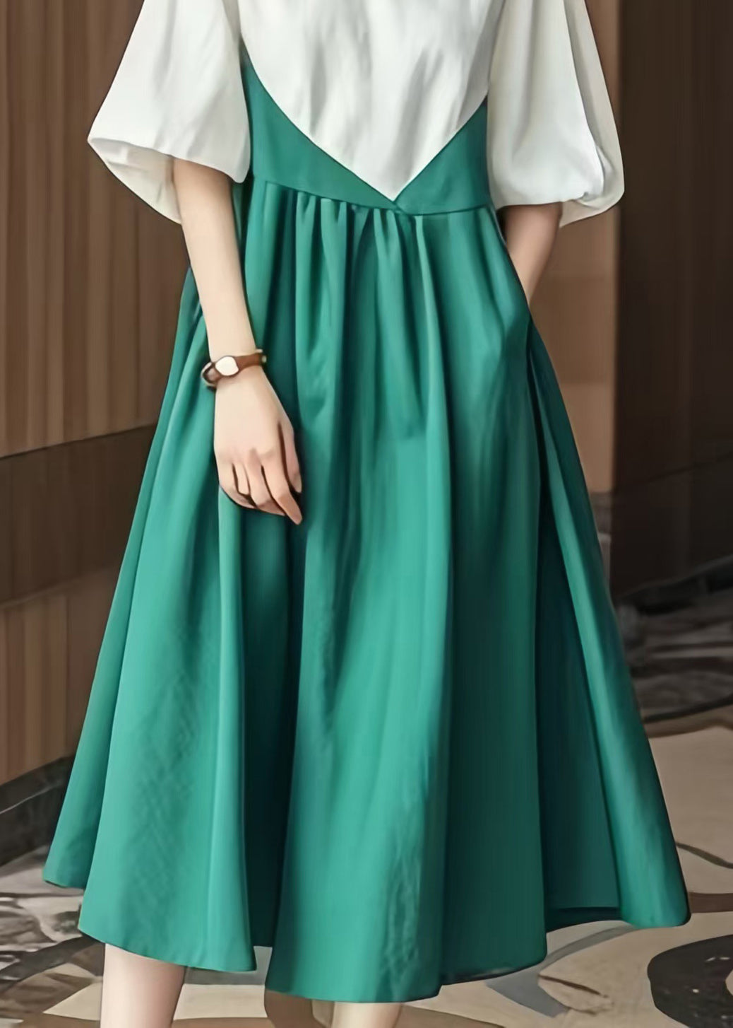 Colorblock V Neck Patchwork Cotton Robe Dresses Lantern Sleeve