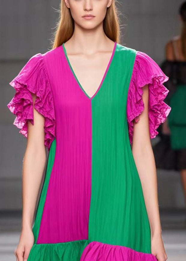 Colorblock V Neck Patchwork Cotton Tea Dress Butterfly Sleeve