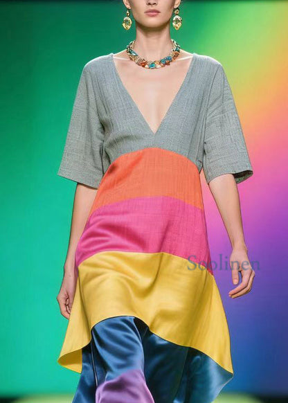Colorblock V Neck Patchwork Linen Silk Dress Summer