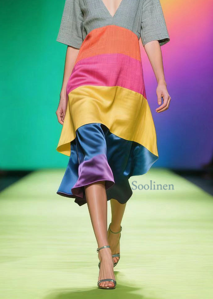 Colorblock V Neck Patchwork Linen Silk Dress Summer