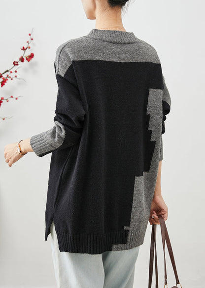 Colorblock V Neck Patchwork Thick Knitted Tops Winter