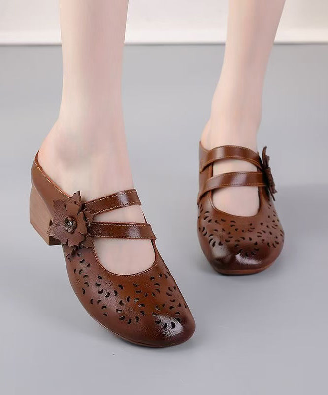 Cowhide Leather Splicing Brown Slide Sandals Hollow Out