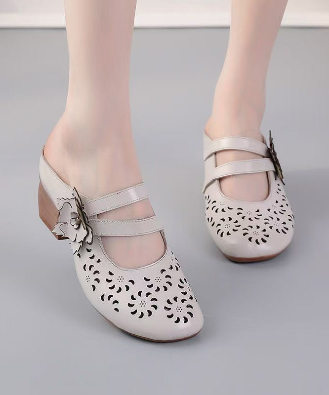 Cowhide Leather Splicing Brown Slide Sandals Hollow Out