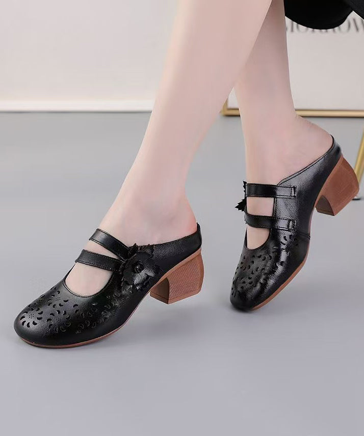Cowhide Leather Splicing Brown Slide Sandals Hollow Out
