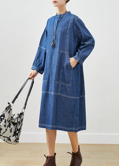 Dark Blue Oversized Patchwork Cotton Vacation Dresses Fall