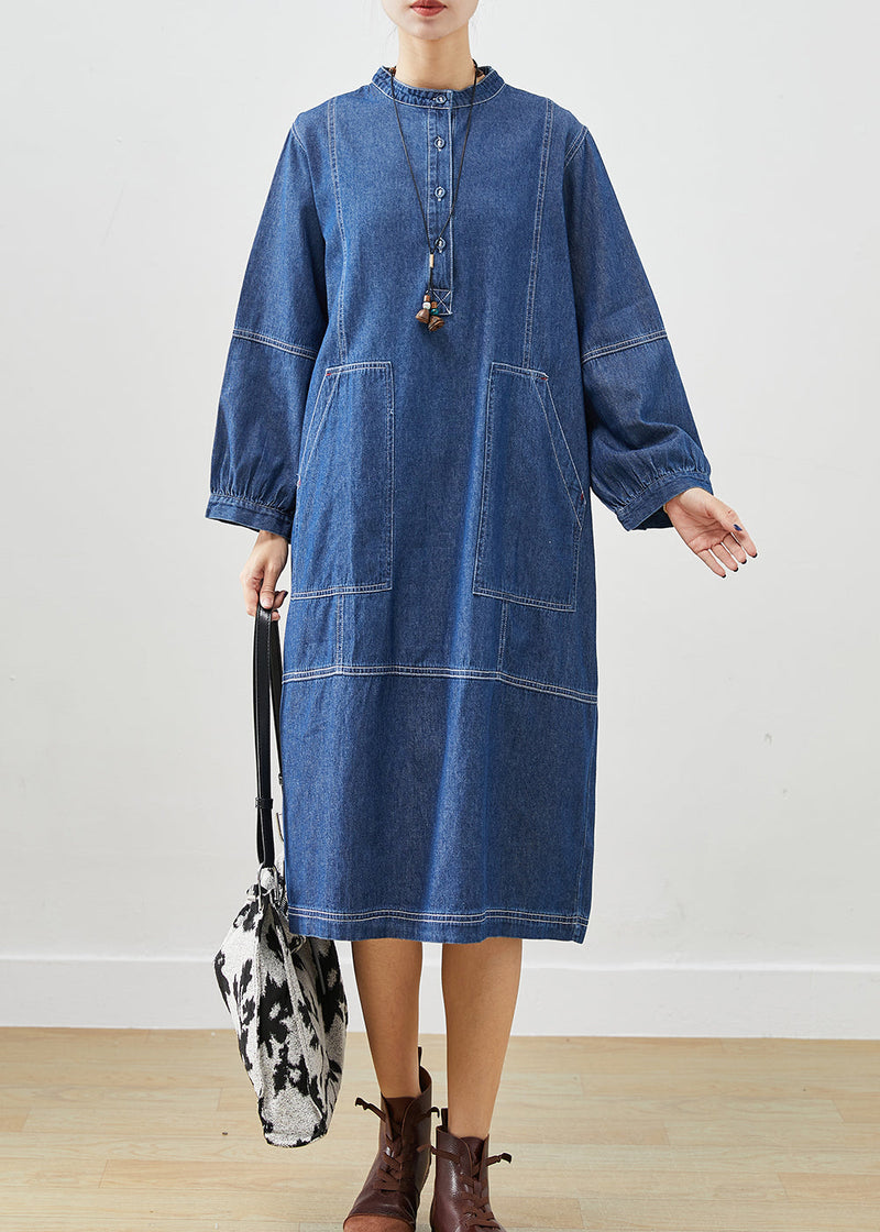 Dark Blue Oversized Patchwork Cotton Vacation Dresses Fall
