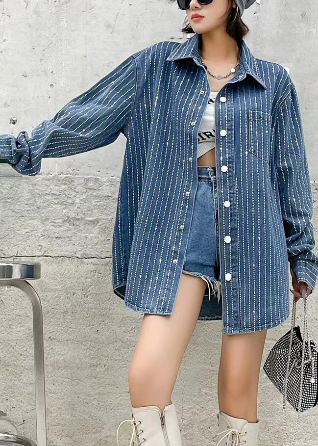 Dark Blue Peter Pan Collar Patchwork Denim Coats Fall