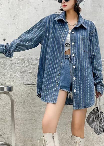 Dark Blue Peter Pan Collar Patchwork Denim Coats Fall