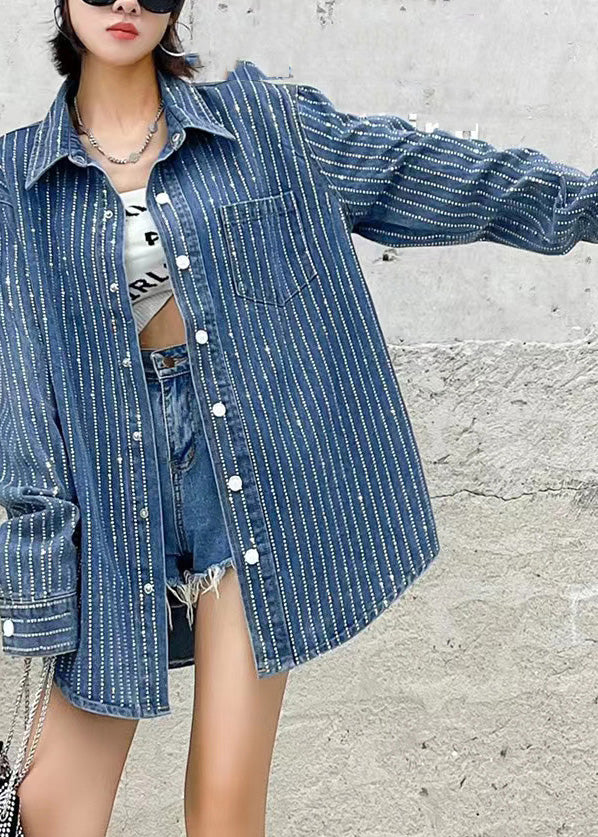 Dark Blue Peter Pan Collar Patchwork Denim Coats Fall