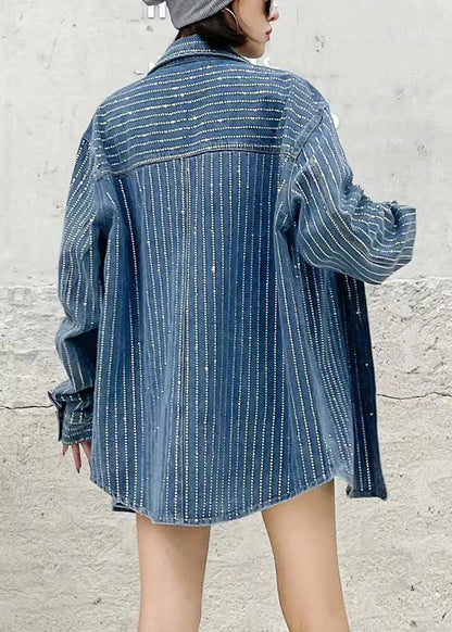 Dark Blue Peter Pan Collar Patchwork Denim Coats Fall