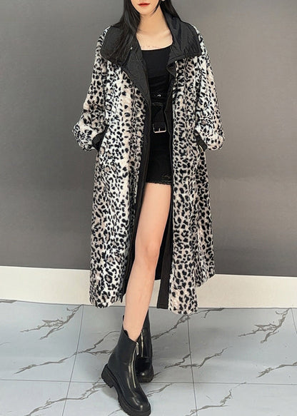 Dark Grey Leopard Patchwork Pockets Long Trench Coat Spring