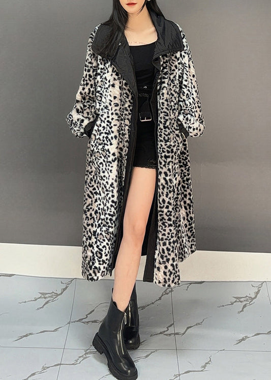 Dark Grey Leopard Patchwork Pockets Long Trench Coat Spring