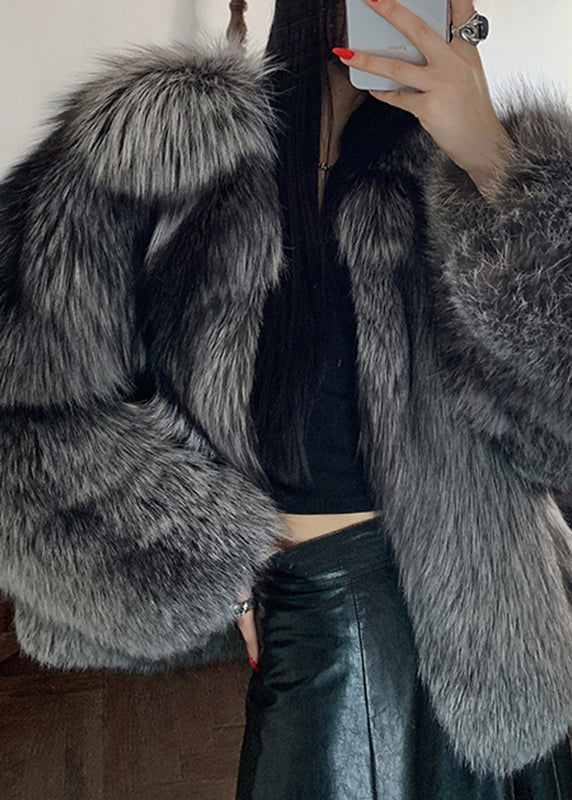 Dark Grey Peter Pan Collar Leather and Fur Coats Spring