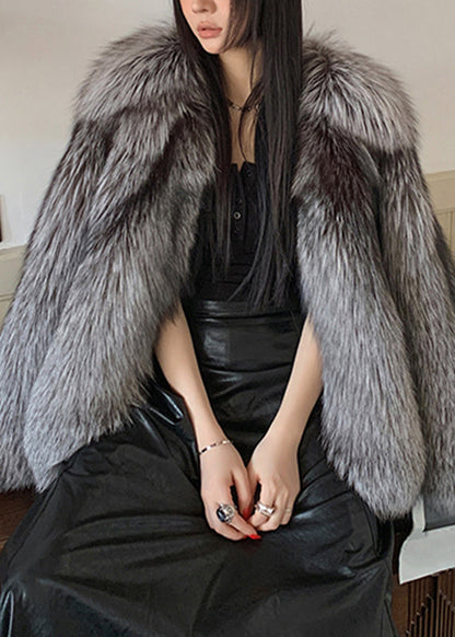 Dark Grey Peter Pan Collar Leather and Fur Coats Spring