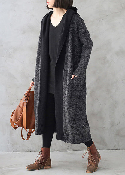 Dark Grey Wool Patchwork Knit Hooded Maxi Trench Coats Fall