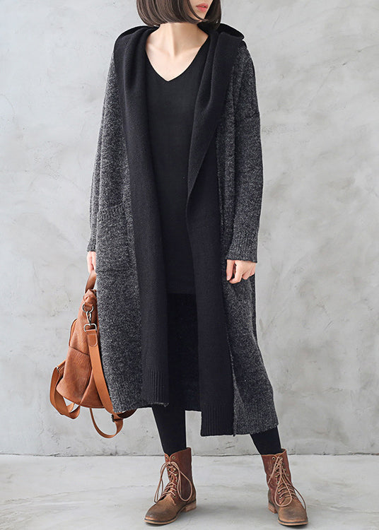 Dark Grey Wool Patchwork Knit Hooded Maxi Trench Coats Fall