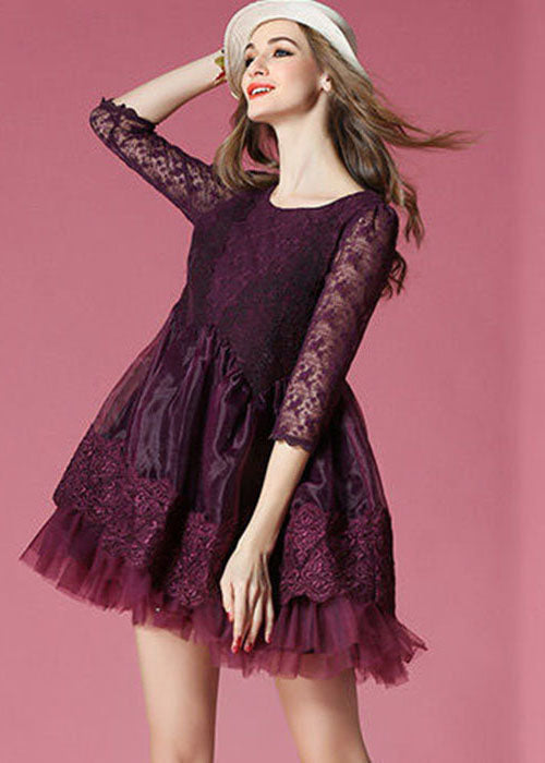 Dark Purple Embroideried Lace Patchwork Organza Mini Dresses Summer