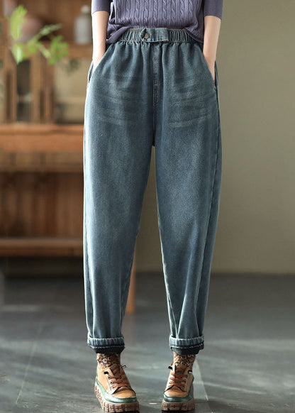 Denim Blue Elastic Waist Pockets Thick Warm Fleece Harem Pants Winter