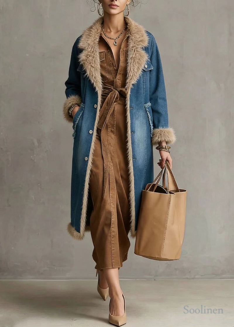 Denim Blue Notched Patchwork Faux Fur Fine Cotton Filled Trench Coats Winter