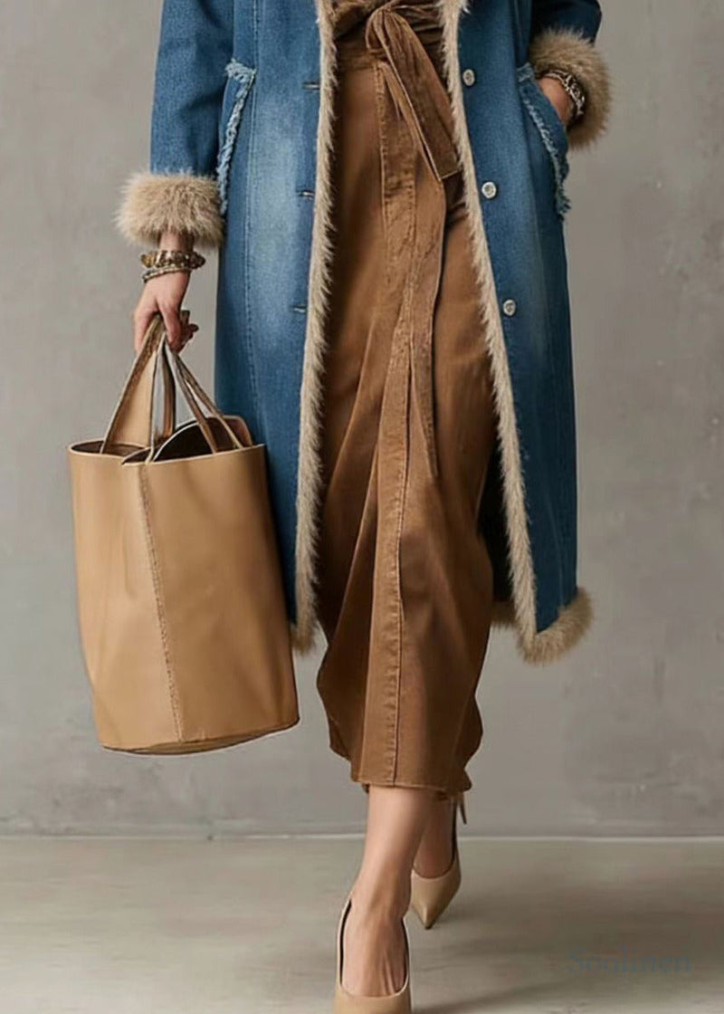 Denim Blue Notched Patchwork Faux Fur Fine Cotton Filled Trench Coats Winter
