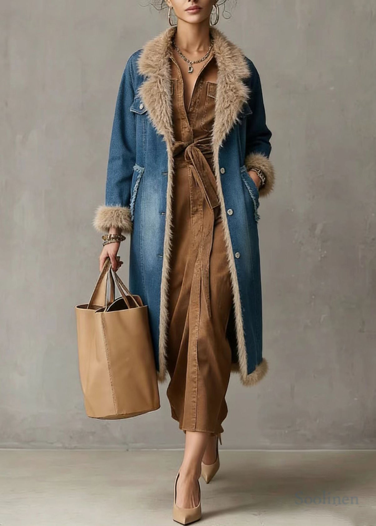 Denim Blue Notched Patchwork Faux Fur Fine Cotton Filled Trench Coats Winter