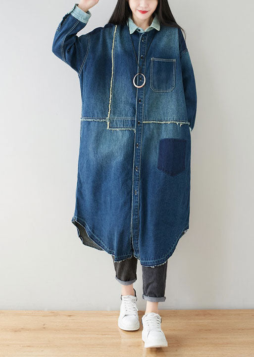 Denim Blue Peter Pan Collar Patchwork Oversized Cotton Trench Spring