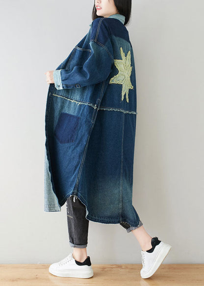 Denim Blue Peter Pan Collar Patchwork Oversized Cotton Trench Spring