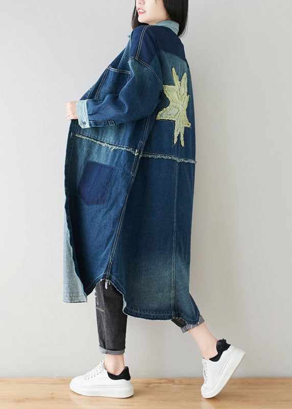 Denim Blue Peter Pan Collar Patchwork Oversized Cotton Trench Spring