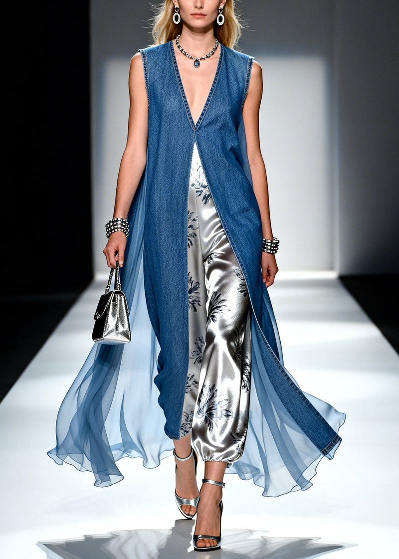 Denim Blue V Neck Patchwork Print Fake Two Piece Dresses Summer