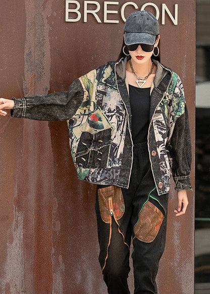 Denim Patchwork Knit Print Pockets Fall Jacket Long Sleeve
