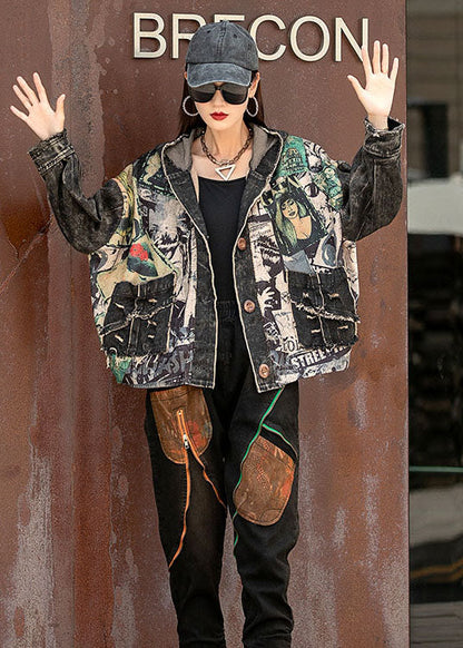 Denim Patchwork Knit Print Pockets Fall Jacket Long Sleeve