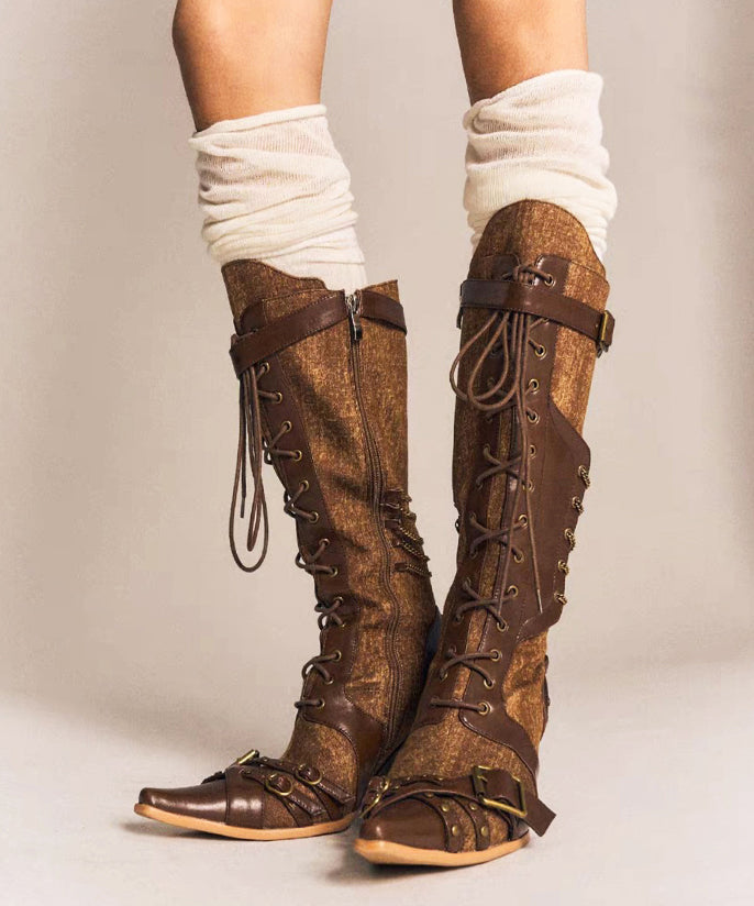 Denim Splicing Lace Up Wedge Boots Brown Cowhide Leather