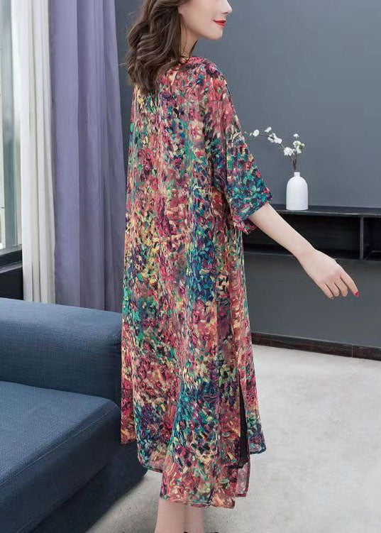 O Neck Print Side Open Patchwork Chiffon Dress Summer