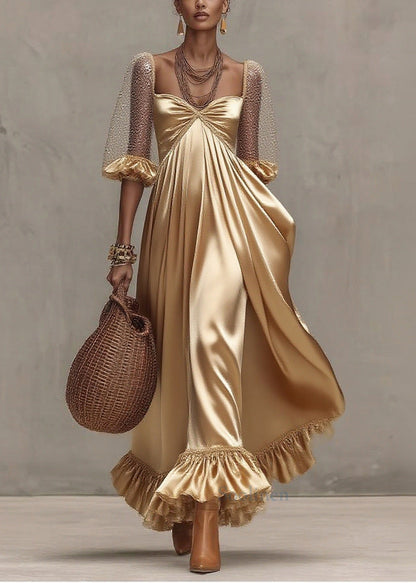 Golden Exra Large Hem Patchwork Tulle Maxi Dresses Summer