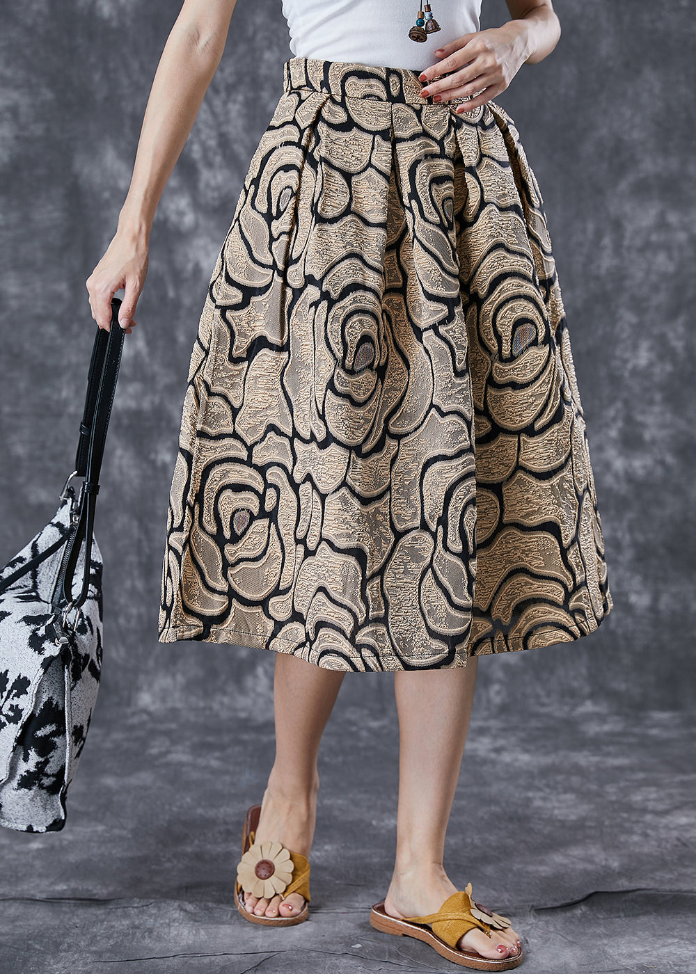 Golden High Waist Jacquard a Line Skirts Summer