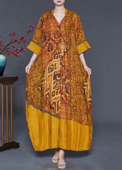 Golden Oversized Print Silk Vacation Dress Summer