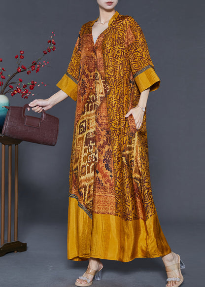 Golden Oversized Print Silk Vacation Dress Summer