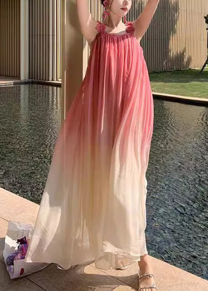 Gradient Color Backless Wrinkled Spaghetti Strap Dress Sleeveless