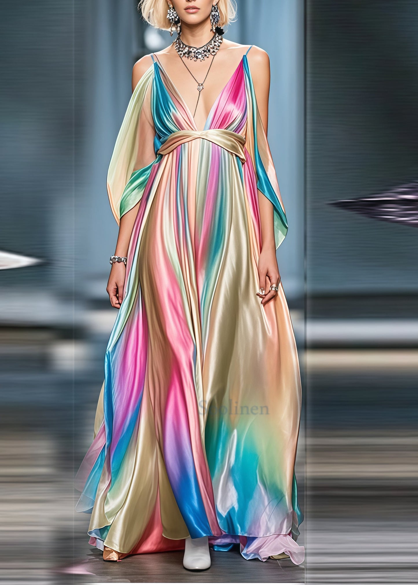Gradient Color Cold Shoulder Exra Large Hem Silk Party Dress Summer