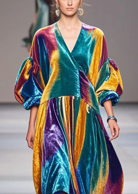 Gradient Color Exra Large Hem Silk Velvet Dress Lantern Sleeve