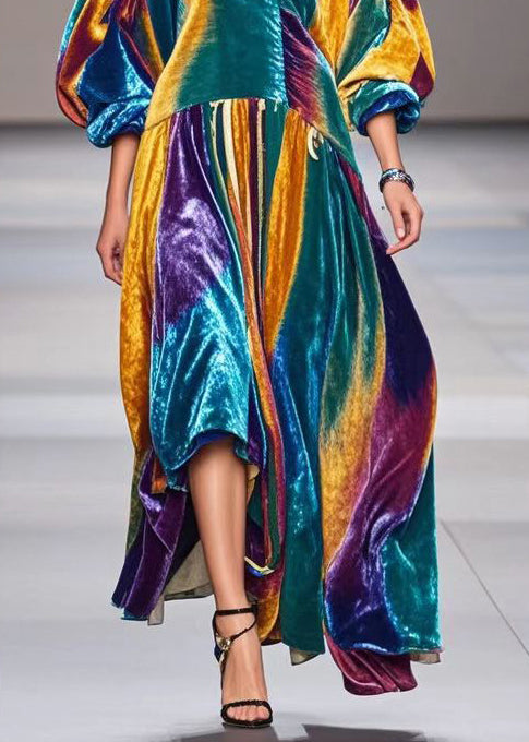 Gradient Color Exra Large Hem Silk Velvet Dress Lantern Sleeve