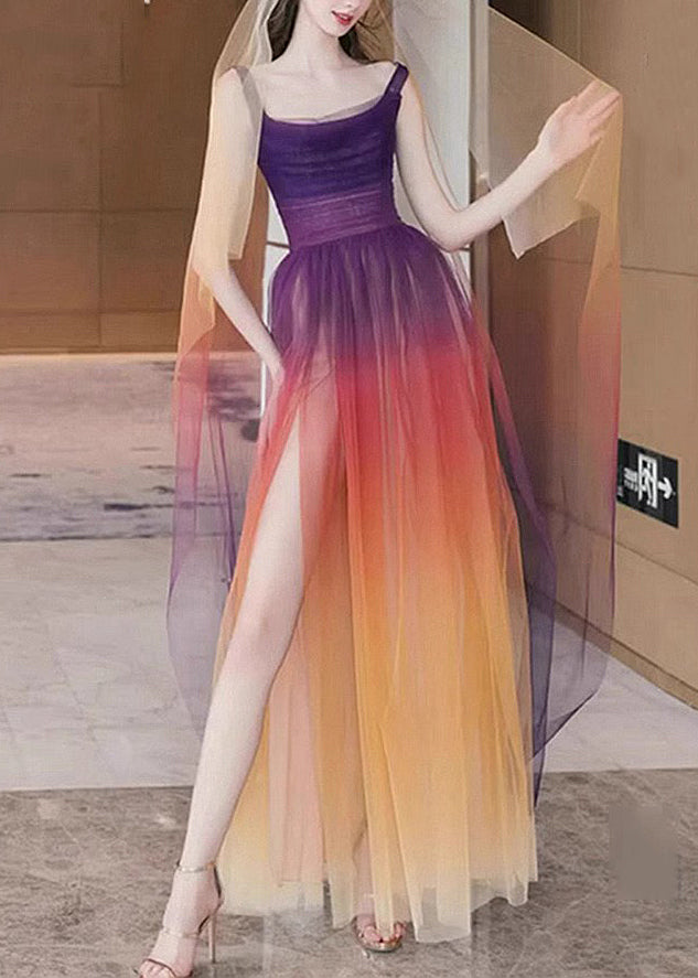 Gradient Color Side Open Tulle Spaghetti Strap Dress Sleeveless