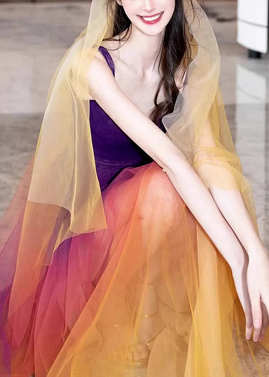 Gradient Color Side Open Tulle Spaghetti Strap Dress Sleeveless