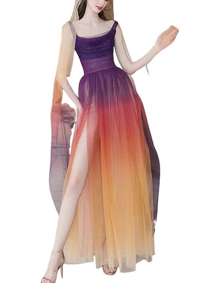 Gradient Color Side Open Tulle Spaghetti Strap Dress Sleeveless