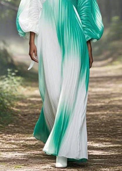 Gradient Color V Neck Wrinkled Chiffon Long Dress Spring